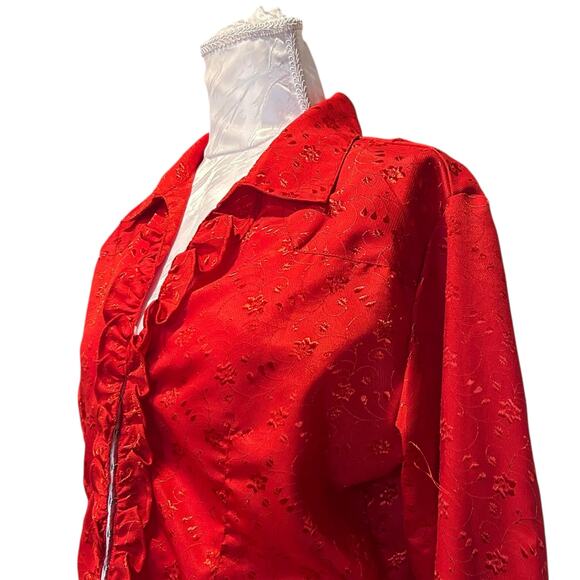 Vintage Panhandle Slim Red Satin Embroidered Floral Ruffle Shirt Womens Sz Large - Picture 8 of 16